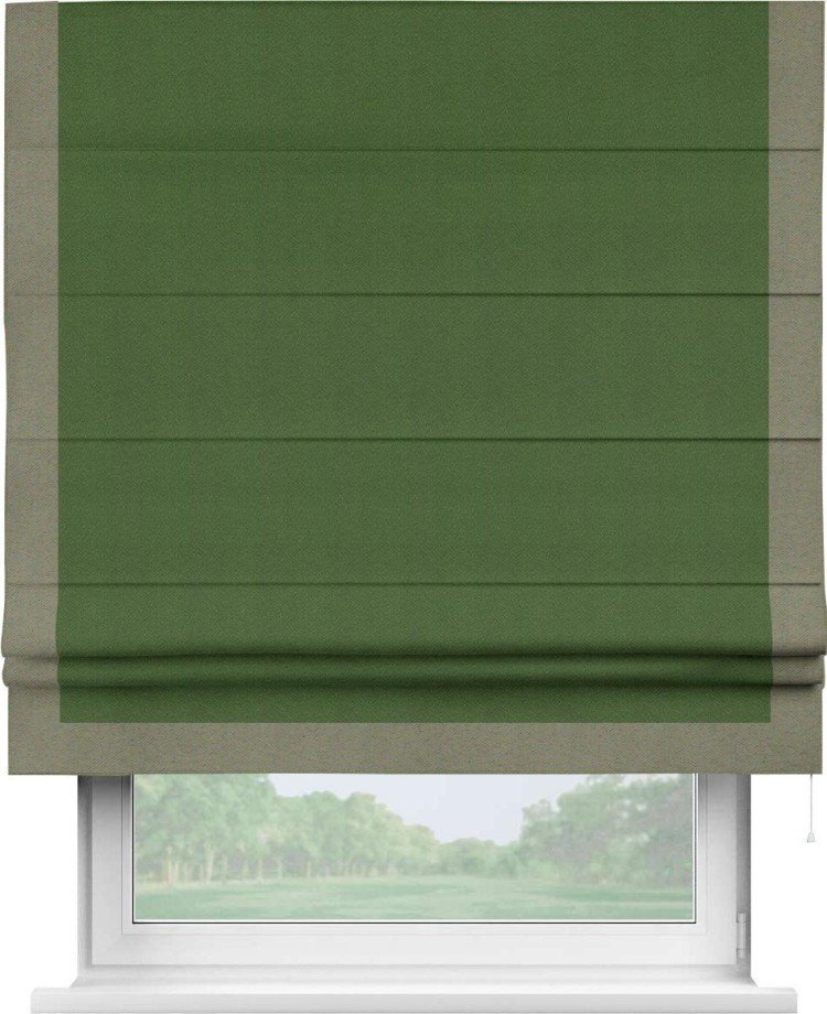 Римская штора «Кортин» с кантом Виктория, для проема, ткань блэкаут однотонный зелёный перламутр